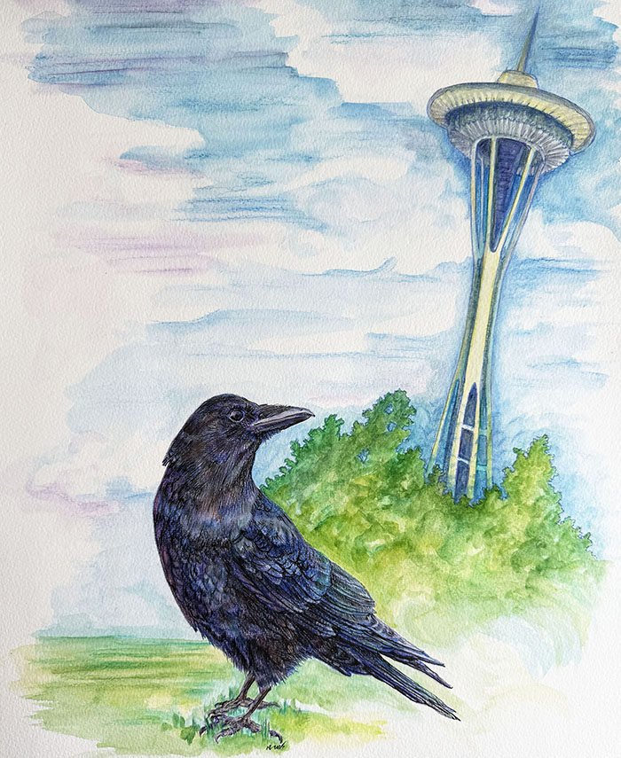 Crow in front of Space Needle