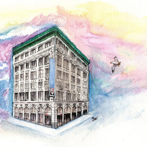 Original watercolor image of the A.C.T - A Contemporary Theatre in Seattle, from the southwest