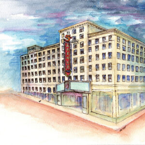 Original watercolor of the Fifth Avenue Theater in Seattle, from the southwest