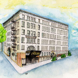 Original watercolor of The Moore Theater in Seattle, from the northwest
