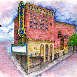 Original watercolor of the Paramount Theatre in Seattle, from the northwest
