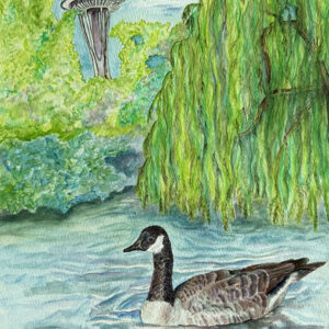 Artwork image of Canadian Goose swimming in lake in front of the Space Needle