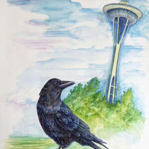 Original watercolor image of crow in front of Space Needle