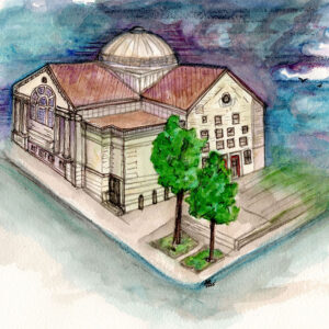 Original watercolor of the Town Hall in Seattle, from the northwest