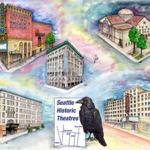 Original art image of Seattle Historic Theatres and crow