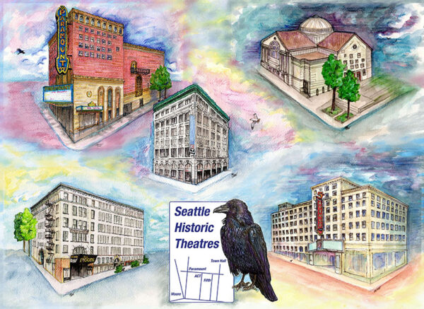 Original art image of Seattle Historic Theatres and crow